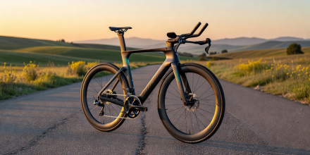 Aerodynamic carbon road bicycle framed against an outdoor setting