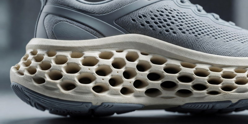 Athletic footwear close up displaying midsole foam geometry