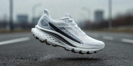 High performance marathon running shoe with visible carbon plate and responsive midsole