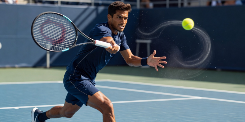 High speed action shot of advanced player tennis racket hitting ball with spin