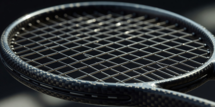 Macro view of carbon fiber tennis racket frame and synthetic gut strings