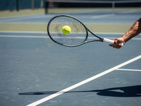 Tennis racket on court during precision high-power baseline stroke